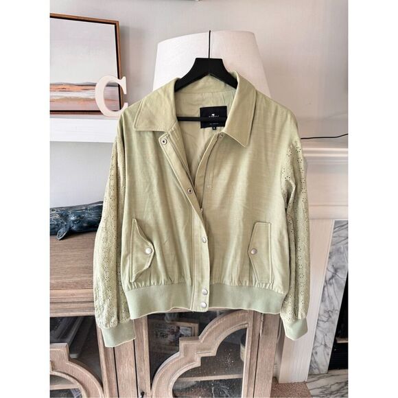 7 For All Mankind Embroidered Eyelet Sleeve Bomber Jacket Green Size Medium - Picture 2 of 13
